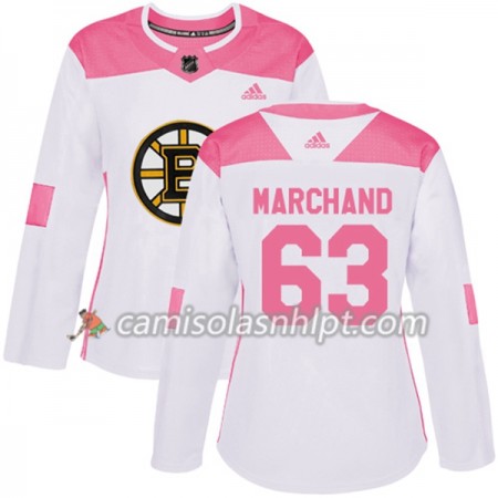 Camisola Boston Bruins Brad Marchand 63 Adidas 2017-2018 Branco Rosa Fashion Authentic - Mulher